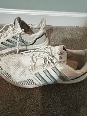 adidas White Knit Athletic Sneakers with Mint Green Stripes